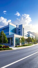 Obraz premium Modern office building with glass facade and scenic background