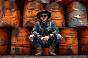 Man sitting wit old barrels on the background