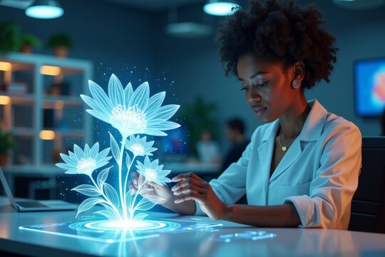 Innovative African Woman Uses AI Technology to Design 3D Holographic Flowers in a Futuristic Office - Powered by Adobe