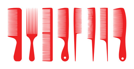 A Collection of Red Hair Combs and Styling Tools on a White Background