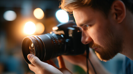 Photographer setting up camera to shoot product for advertisement, under soft studio light, highlighting focused effort and professional equipment, serene studio scene, calm setup 