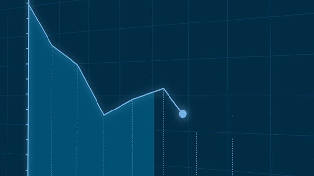 3D glowing blue line graph crash animation with dynamic camera tracking and data progress falling down on dark background. 4K animated chart for loss visualization, business failure, and market down.