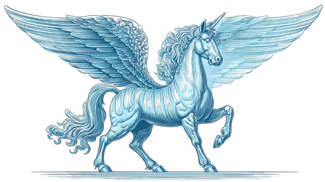 Majestic winged unicorn illustration with detailed feathers and elegant pose