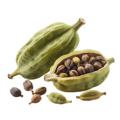 Green Cardamom Pods and Seeds on White Background spice herb isolated on a transparent background.
