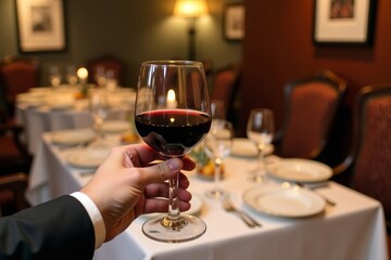 Elegant Table Setting with Hand Holding a Glass of Red Wine