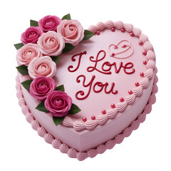 Pink Heart Shaped Cake with Roses and I Love You Message  cake, heart, pink, roses isolated on a transparent background
