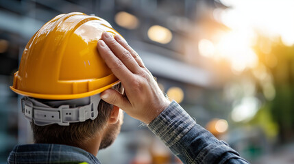 Housing developer inspecting construction progress with safety helmet, under soft natural light, highlighting focused effort and industrial setting, serene construction scene, calm