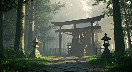  “Quiet Shinto shrine in a misty forest, cinematic realism.”
