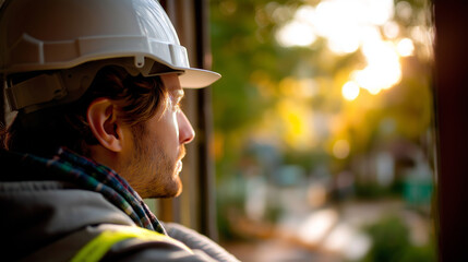 Housing developer inspecting construction progress with safety helmet, under soft natural light, highlighting focused effort and industrial setting, serene construction scene, calm
