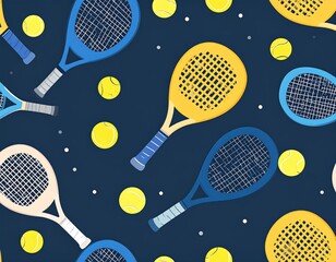 Scattered tennis rackets and balls pattern on a dark blue background