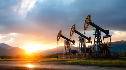 Concept background of oil pump jacks operating at field during sunrise, under gentle natural light, highlighting industrial activity and serene landscape, serene rural scene, calm 
