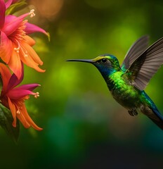 Fototapeta premium Generative AI illustration of small hummingbird with colorful plumage flying near colorful blooming flowers on blurred background