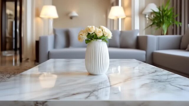 A vase of flowers sits on a marble table in front of a sofa and lit lamps