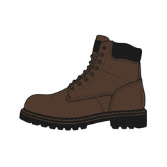 Durable brown work boot with black laces and sturdy sole for outdoor activities and construction work vector silhouette on a white background