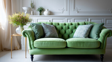 Fototapeta premium Luxury green modern sofa, tufted velvet texture, elegant French-style design, against a white wall with decorative molding, minimalist studio interior, soft lighting, feminine aest