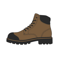 Durable brown work boot with black toe cap and laces side profile for construction and outdoor activities vector silhouette on a white background