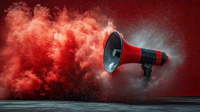 Red megaphone erupts in a burst of powder