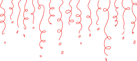 Red Swirling Ribbons and Confetti Falling on White Background