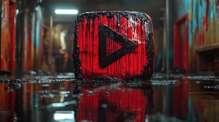 Red, muddy play button on dark, wet floor in a gritty hallway
