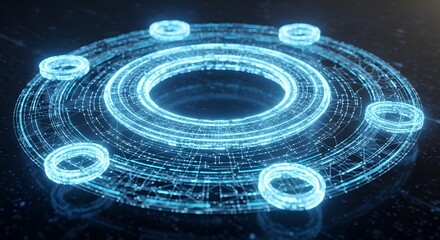 An advanced digital network visualization featuring a glowing blue circular interface with interconnected nodes