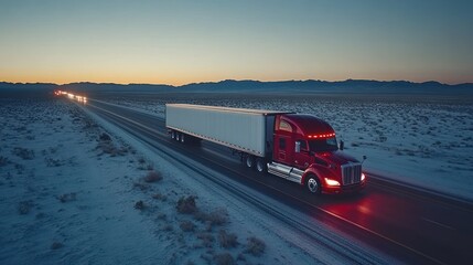 Red semi-truck on snowy highway at dusk