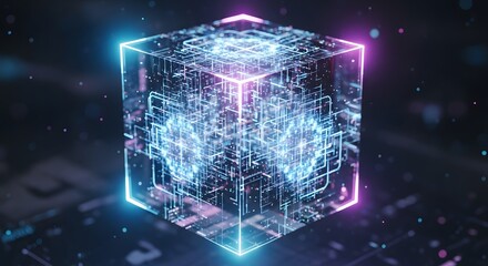An abstract, translucent cube composed of intricate digital circuitry and glowing particles, illuminated with vibrant neon blue and pink light. The cube appears to house