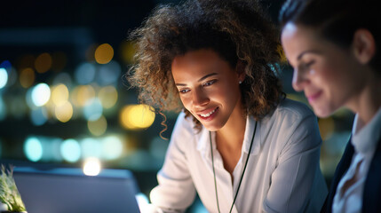 Manager conducting performance review with employee in professional setting, under soft office light, highlighting focused dialogue and professional atmosphere, serene workplace sc