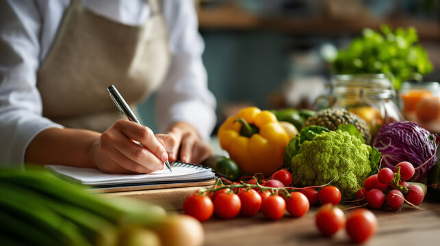 Nutrition expert organizing weekly diet plan chart with fresh produce around professional background, under gentle natural light, highlighting healthy ingredients and organized lay