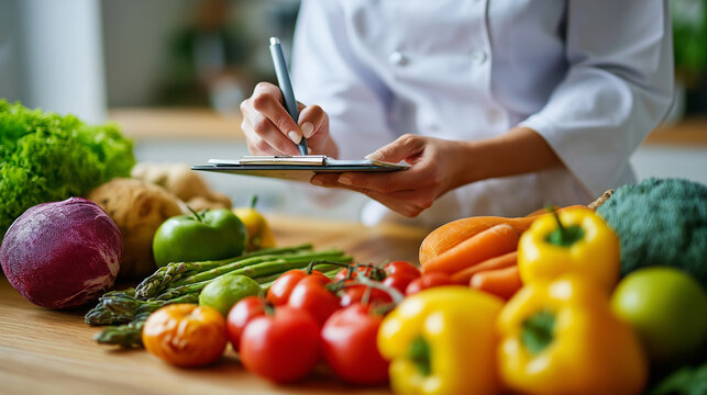 Nutrition expert organizing weekly diet plan chart with fresh produce around professional background, under gentle natural light, highlighting healthy ingredients and organized lay
