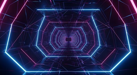 A digital rendering of a futuristic hexagonal tunnel with glowing neon lines in blue and pink, creating a sense of depth and movement. The tunnel is illuminated by
