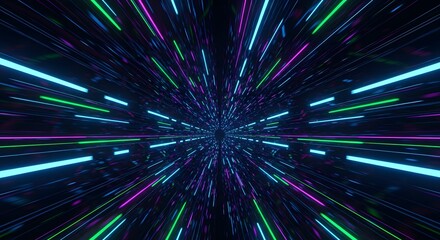 An abstract visual of a digital tunnel with bright neon lights in shades of purple, green, and blue, conveying speed and movement