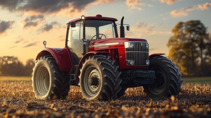 Fototapeta premium Red tractor in a field at sunset