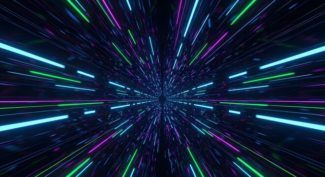 An abstract visual of a digital tunnel with bright neon lights in shades of purple, green, and blue, conveying speed and movement