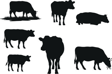 Cow silhouette vector, grazing cow illustration, standing cattle shape, walking farm animal, dairy livestock design, black cow posture, agriculture graphic art