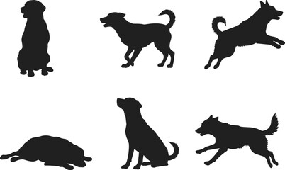 Dog silhouette vector, sitting dog illustration, running canine artwork, jumping pet design, black dog posture, domestic animal shape, playful dog graphic