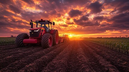 Fototapeta premium Red tractor plows field at fiery sunset