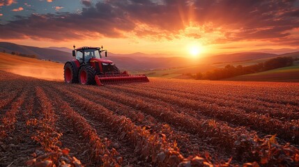 Fototapeta premium Red tractor plows field at sunset