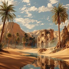 An oasis in the desert with lush palm trees and clear water. A beautiful peaceful island in the desert.