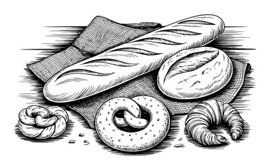 Vector art of hand drawn bakery products on a linen napkin