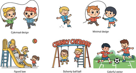 Children playing outdoors in various cartoon styles, kids activities illustration, colorful vector, minimal design, playground fun, sports, swing, slide, jump rope
