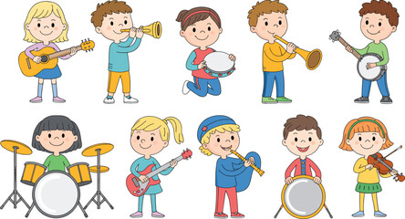 Children playing musical instruments, colorful kids band, music education concept, joyful learning, school performance, vector illustration