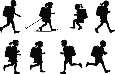 Children silhouette set, walking running with backpacks, school commute, outdoor activity, skiing child, student movement illustration, education and travel concept
