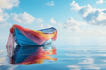 Colorful fishing vessel floating on calm ocean