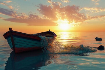 Colorful fishing vessel floating on calm ocean