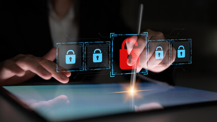 Digital security concept illustrating a cybersecurity breach, with a red unlocked padlock...