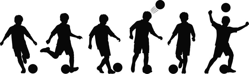 Silhouette of boy playing soccer with football, kicking, heading, dribbling, and celebrating, children sports activity, teamwork, energy concept illustration