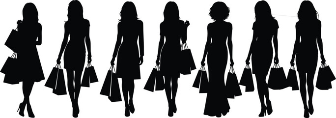 Silhouette of fashionable women walking with shopping bags, modern lifestyle, retail concept, elegant female shoppers enjoying leisure and style illustration