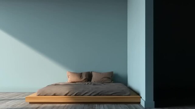 Minimalist bedroom with a low wooden bed, soft bedding, and a light-filled wall