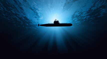 Submarine Depth Poster – Submarine silhouette gliding beneath glowing ocean waves, Navy Day, empty top space for title, dramatic poster 