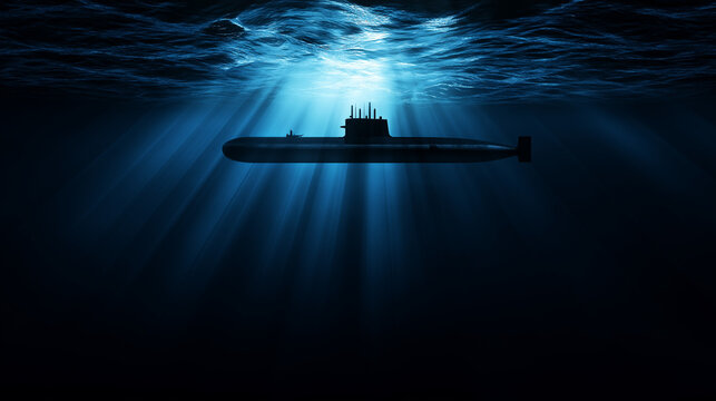 Submarine Depth Poster – Submarine silhouette gliding beneath glowing ocean waves, Navy Day, empty top space for title, dramatic poster